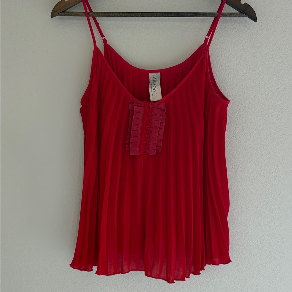 Free People Red Pleated Chiffon Camisole Tank Top Boho  Size S